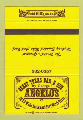 Matchbook Cover - Angelo's BBQ Fort Worth TX Budweiser Beer 40 Strike