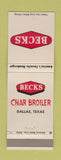 Matchbook Cover - Becks Char Broiler Dallas TX Hamburgers