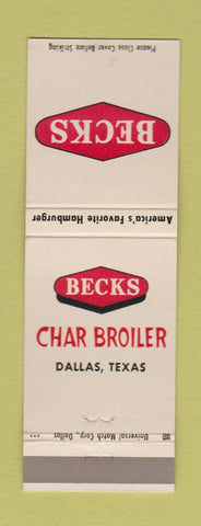 Matchbook Cover - Becks Char Broiler Dallas TX Hamburgers