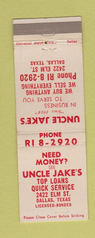 Matchbook Cover - Uncle Jake's Loans Pawn Dallas TX