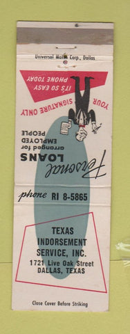 Matchbook Cover - Texas Loans Dallas TX