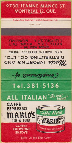 Matchbook Cover - Mario's Coffee Montreal QC 30 Strike