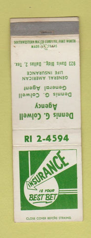 Matchbook Cover - Dennis Colwell Insurance Dallas TX