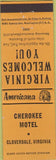 Matchbook Cover - Perkins Americana Cherokee Motel Cloverdale VA Orange
