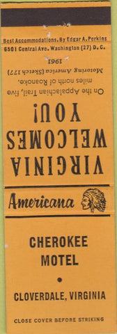 Matchbook Cover - Perkins Americana Cherokee Motel Cloverdale VA Orange