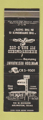 Matchbook Cover - McIntosh BBQ Restaurant Arlington TX