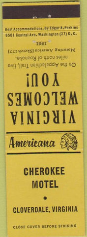 Matchbook Cover - Perkins Americana Cherokee Motel Cloverdale VA Yellow