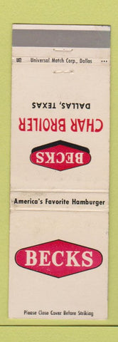 Matchbook Cover - Becks Char Broiler Dallas TX Hamburgers
