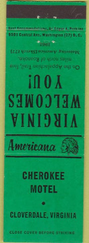 Matchbook Cover - Perkins Americana Cherokee Motel Cloverdale VA Green