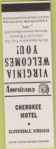 Matchbook Cover - Perkins Americana Cherokee Motel Cloverdale VA White