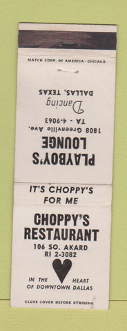 Matchbook Cover - Playboy's Lounge Choppy's Restaurant Dallas TX