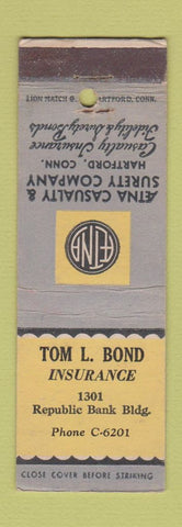 Matchbook Cover - Tom Bond Insurance AETNA Dallas TX