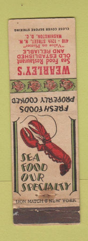 Matchbook Cover - Wearley's Seafood Washington DC WORN