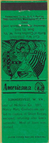 Matchbook Cover - Perkins Americana Civil War Summersville WV Green