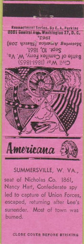 Matchbook Cover - Perkins Americana Civil War Summersville WV Pink