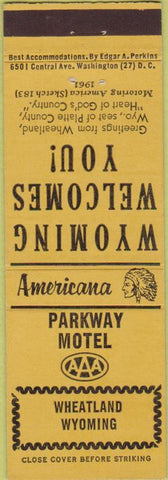Matchbook Cover - Perkins Americana Parkway Motel Wheatland WY Yellow