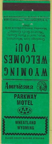 Matchbook Cover - Perkins Americana Parkway Motel Wheatland WY Green