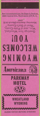 Matchbook Cover - Perkins Americana Parkway Motel Wheatland WY Pink