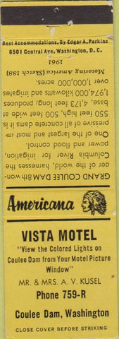 Matchbook Cover - Perkins Americana Vista Motel Coulee Dam WA Yellow