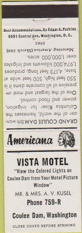 Matchbook Cover - Perkins Americana Vista Motel Coulee Dam WA White