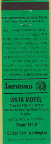 Matchbook Cover - Perkins Americana Vista Motel Coulee Dam WA Green