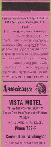 Matchbook Cover - Perkins Americana Vista Motel Coulee Dam WA Pink