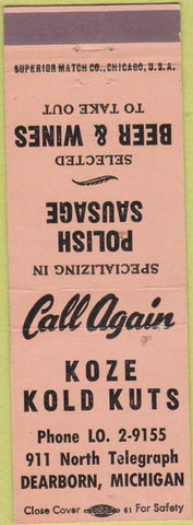 Matchbook Cover - Koze Kold Kuts Dearborn MI