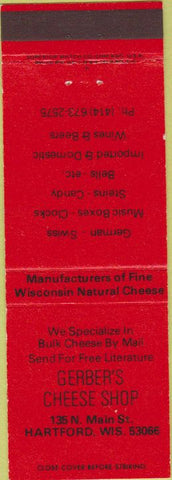 Matchbook Cover - Gerber's Cheese Chop Hartford WI red