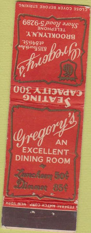 Matchbook Cover - Gregory's Restaurant Brooklyn NY Federal long