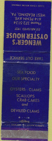 Matchbook Cover - Wenger's Oyster House West Reading PA