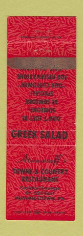 Matchbook Cover - Atanasoff's Towne and Country Restaurant Hummelstown PA WORN