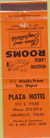 Matchbook Cover - Plaza Hotel Amarillo TX orange