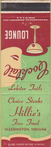 Matchbook Cover - Hillie's Fine Food Washington IN girlie