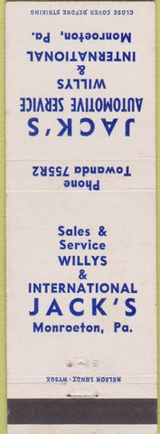Matchbook Cover - Willy's International Trucks Monroeton PA