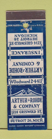Matchbook Cover - Arthur Rohde Company Insurance Detroit MI WEAR
