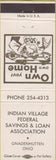Matchbook Cover - Indian Village Savings Loan Gnadenhutten OH