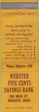 Matchbook Cover - Webster Five Cents Bank Webster MA WEAR