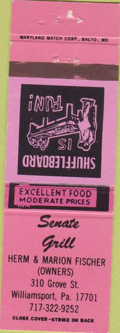 Matchbook Cover - Senate Grill Williamsport PA shuffleboard