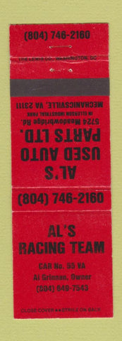 Matchbook Cover - Al's Racing Team Used Parts Mechanicsville VA