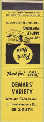 Matchbook Cover - Demars' Variety Store Eddy Match Canada