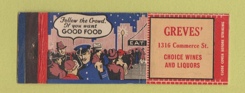 Matchbook Cover - Greves' Restaurant  Full Length