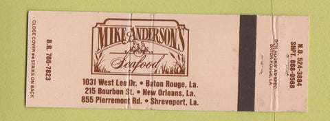 Matchbook Cover - Mike Anderson's Seafood Baton Rouge New Orleans Shreveport LA