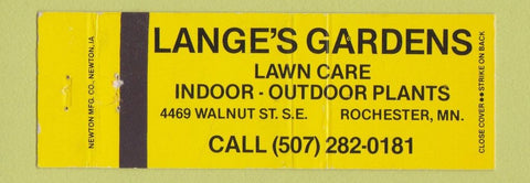 Matchbook Cover - Lange's Gardens Rochester MN Full Length