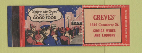 Matchbook Cover - Greves' Restaurant  Full Length
