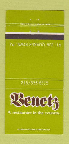 Matchbook Cover - Benetz Restaurant Quakertown PA 30 Strike