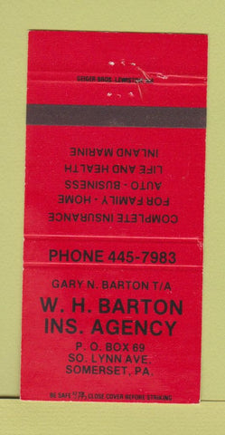 Matchbook Cover - WH Barton Insurance Somerset PA WEAR 30 Strike