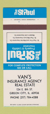 Matchbook Cover - Van's Insurange Agency Gibson City IL 30 Strike