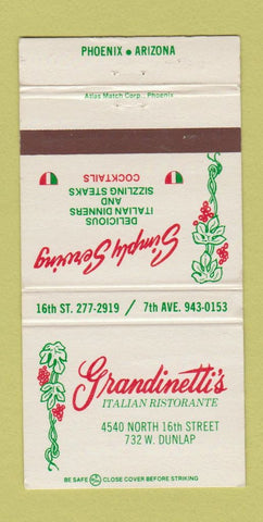 Matchbook Cover - Grandinetti's Italian Restaurant Phoenix AZ 30 Strike