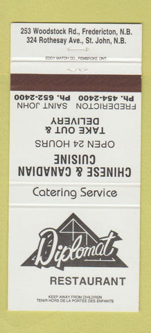 Matchbook Cover - Diplomat Restaurant Chinese Fredericton St John NB 30 Strike