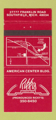 Matchbook Cover - Rikki's American Grille Southfield mI 30 Strike